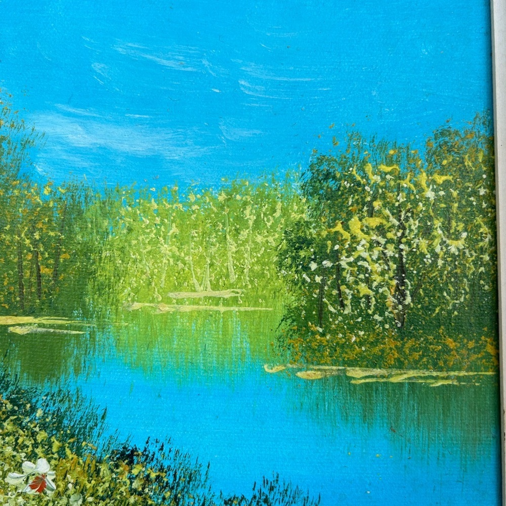 Vintage Landscape Impressionist Oil Painting of a Lady by a Lake. - Picture 6 of 11